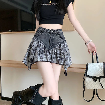 Women Patchwork High Waist A-Line Denim Skirt