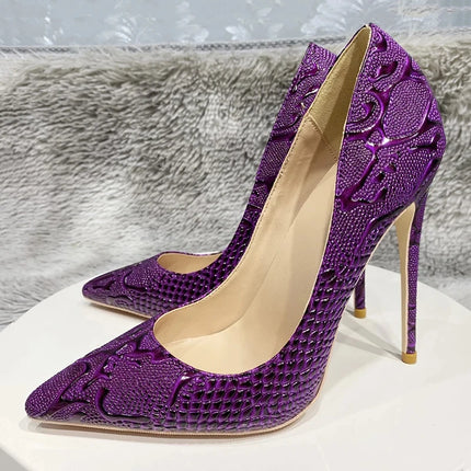 Women Purple Floral Embossed Crocodile Effect High Heels