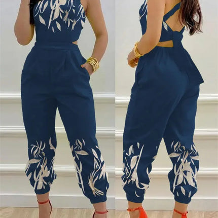 Women Backless Blue Bow Casual Jumpsuit