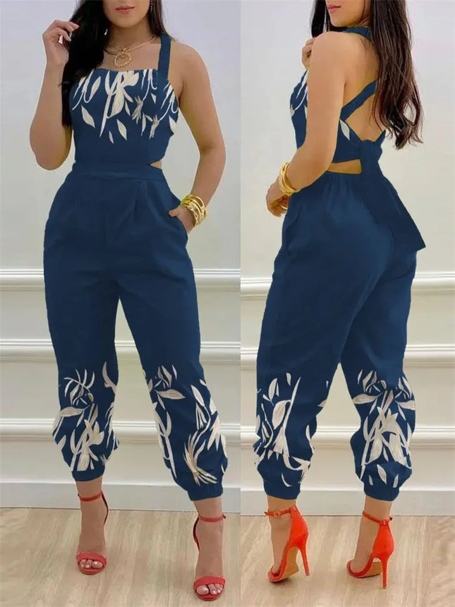 Women Backless Blue Bow Casual Jumpsuit