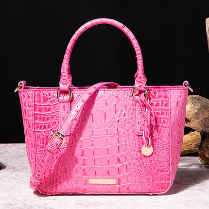 Women Pink Purple Crocodile Embossed Satchel Handbag