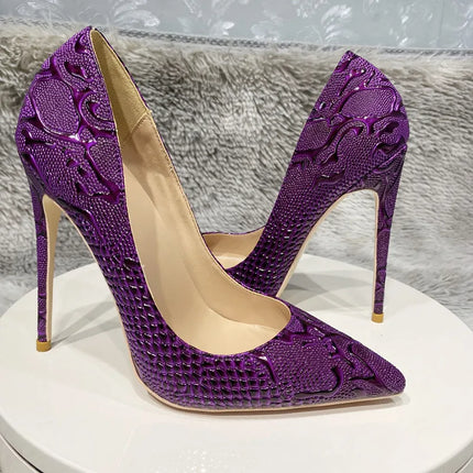 Women Purple Floral Embossed Crocodile Effect High Heels