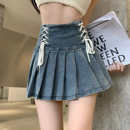 Women Blue Denim A-Line Drawstring Skirt