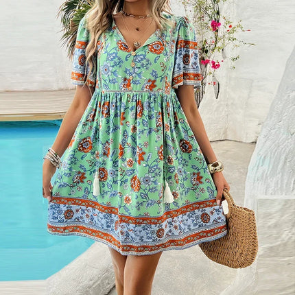 Women V-Neck Short Floral Beach Mini Dress