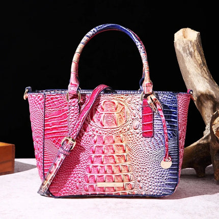 Women Pink Purple Crocodile Embossed Satchel Handbag