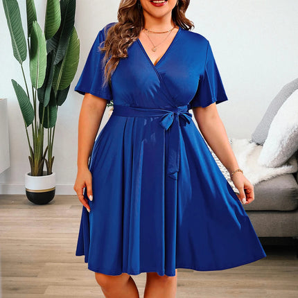 Women Solid Summer V Plus A-Line European Blue Dress