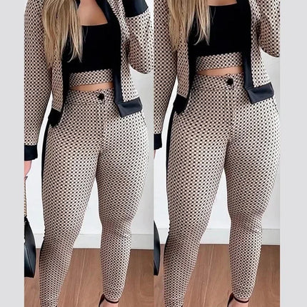 Women 3pc Plaid Contrast Crop Top Pants Set