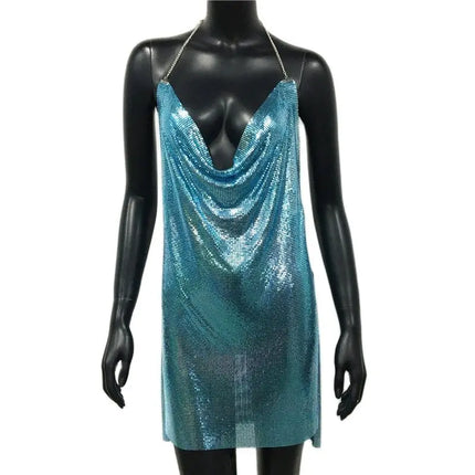 Women Backless Sequin Low Cut Mini Dress.