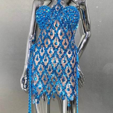 Women Blue Sequin Diamond Tassel Mini Dress