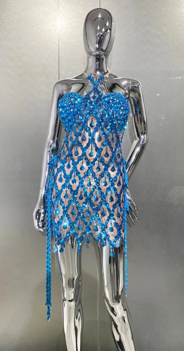 Women Blue Sequin Diamond Tassel Mini Dress