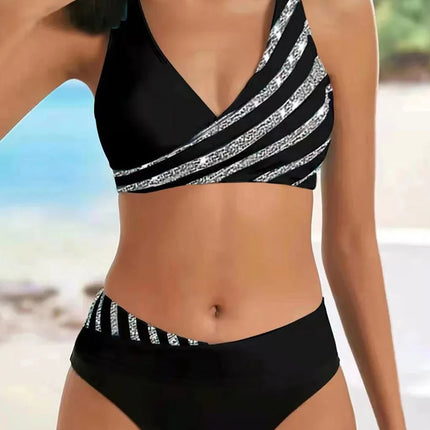 Women Stripe V Gradient Halter Bikini Set