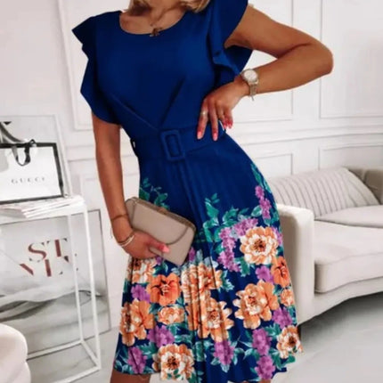 Women Fashion Vacation Casual Floral Pleated Dress