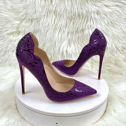 Women Purple Floral Embossed Crocodile Effect High Heels