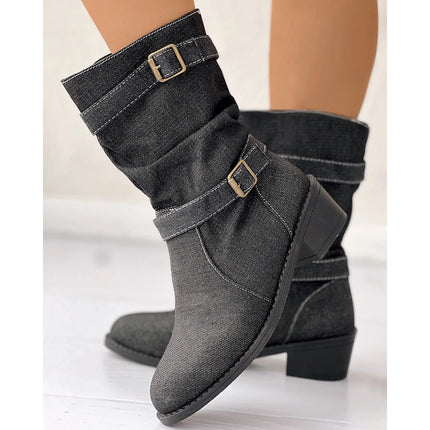 Women's Fashion Denim Round Toe Buckle Boots