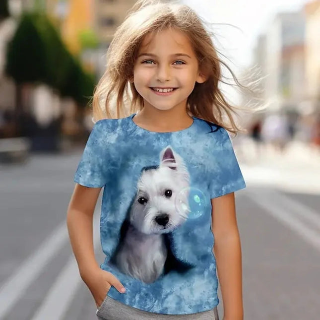 Girls 3D Short 4-14T Dog Animal Tops