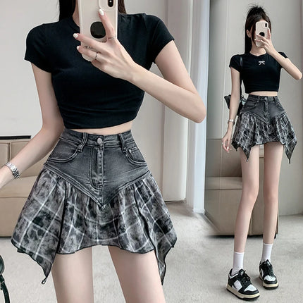 Women Patchwork High Waist A-Line Denim Skirt