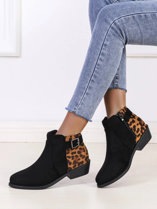 Women Black Leopard Casual Ankle Boots