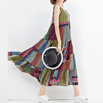 Women Vintage Bohemian Sleeveless Patchwork Dress