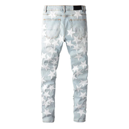 Men Distressed Light Blue Patchwork Stars Denim Jeans