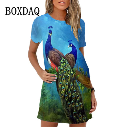 Women 3D Graffiti Cat Peacock Animal Dress