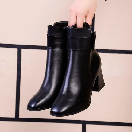 Women White Black Thick Heel Boots