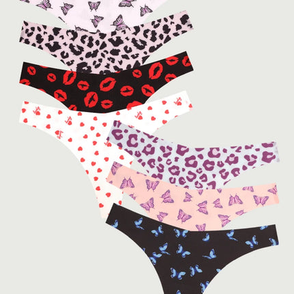 Women 7pc Seamless Butterfly Leopard Thongs