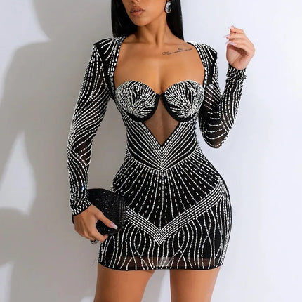 Women Rhinestone Black Mini Party Dress