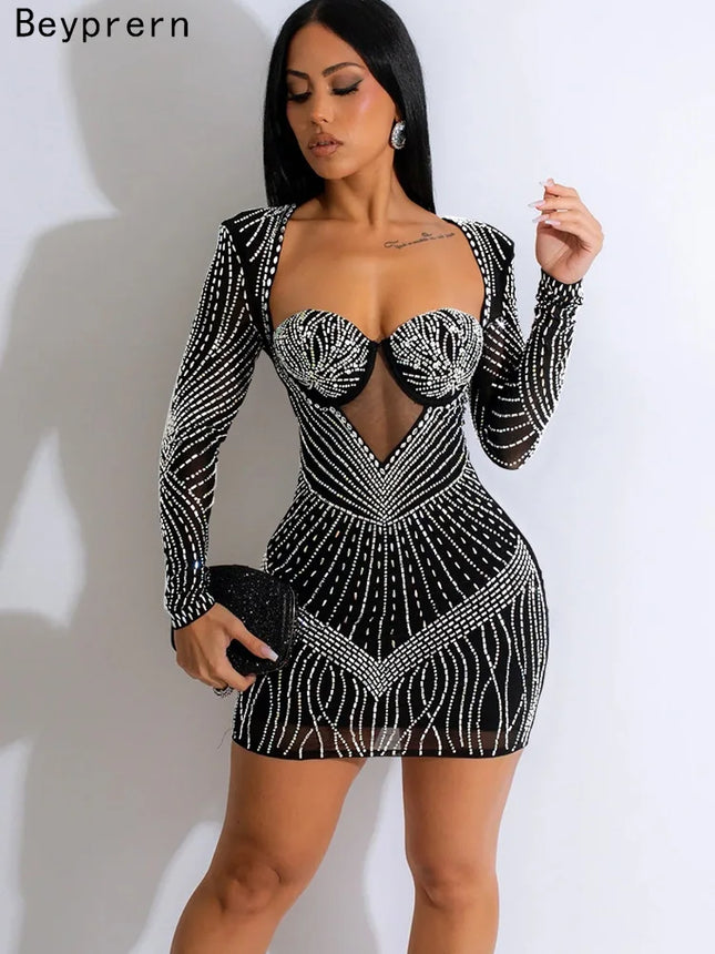 Women Rhinestone Black Mini Party Dress