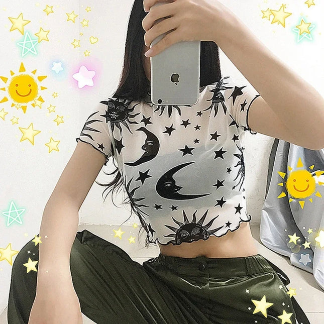 Women Vintage Angel Moon Mesh Crop Top