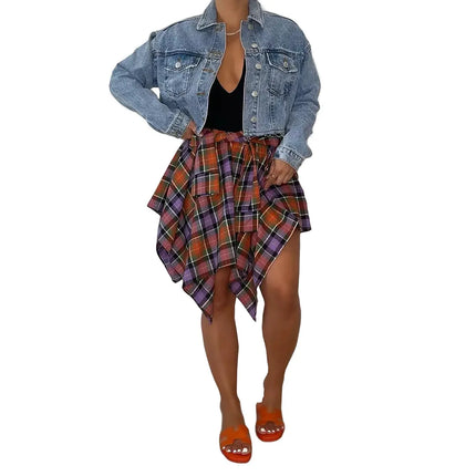 Women High Waist Plaid Mini Irregular Skirts