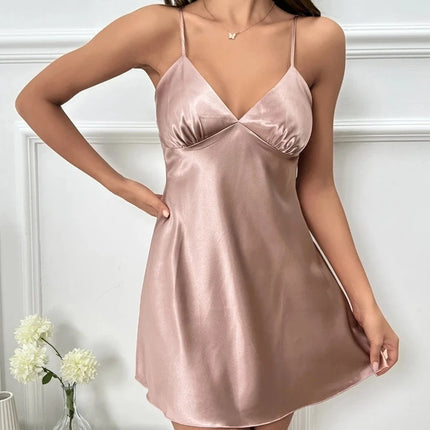 Women Satin Solid Silk Nightgown Sleepwear