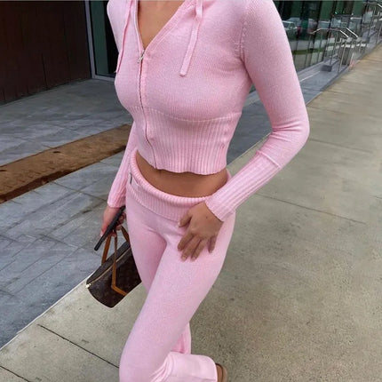 Women Knitted 2pc Pink Long Tracksuit