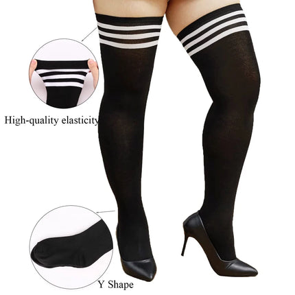 Women Plus Black White Thigh High Socks