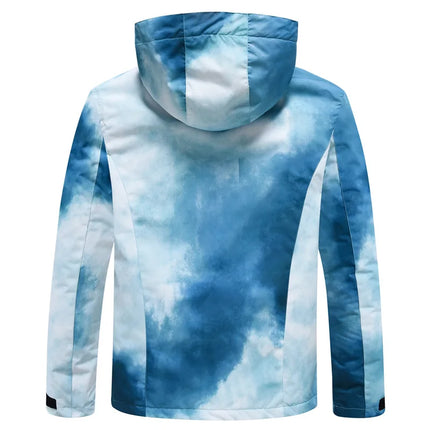 Women Tie-Dye Blue Hooded Ski Snowboarding Jacket