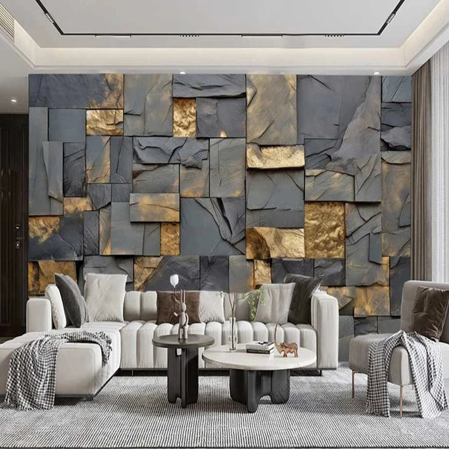 Custom 3D Gold Leaf Stone Mural Wallpaper