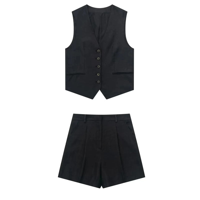 Women Vintage Solid Vest Shorts Set