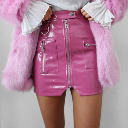 Women Zip Leather Pink Black Mini Skirts