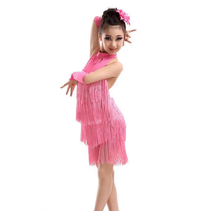 Girl Solid Tassel Latin Salsa Dancing Dress