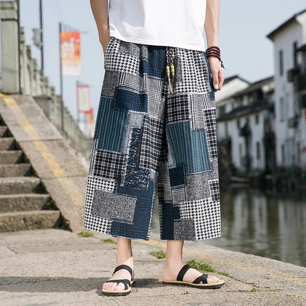 Men Japanese Samurai Plaid Harem Pants