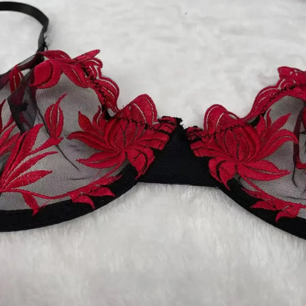 Women Red Black Embroidery Lingerie Set