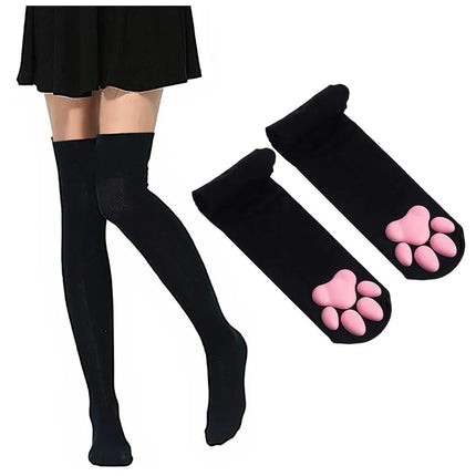 Women Cat Paw Thigh High Socks Gloves Set