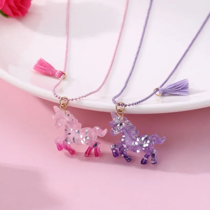 Girls 2PC Cartoon Resin Unicorn Pendant Necklace