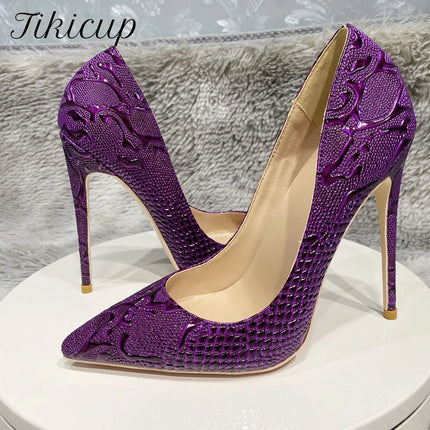 Women Purple Floral Embossed Crocodile Effect High Heels