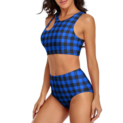 Women Blue Plaid Swimwear Bikini Sets