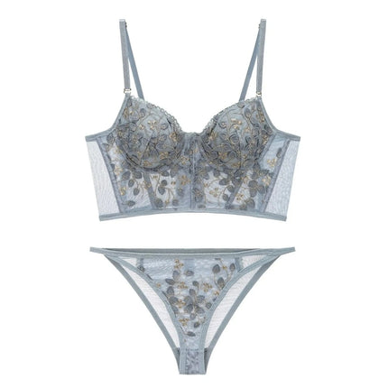 Women French Embroidery Lace Lingerie Bra Set