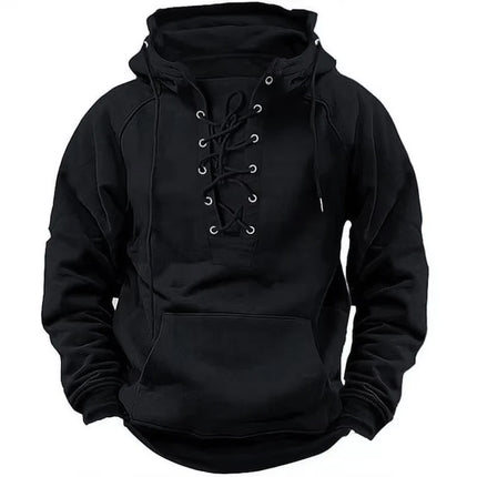 Men Solid Medieval Lace-Up Long Hoodies