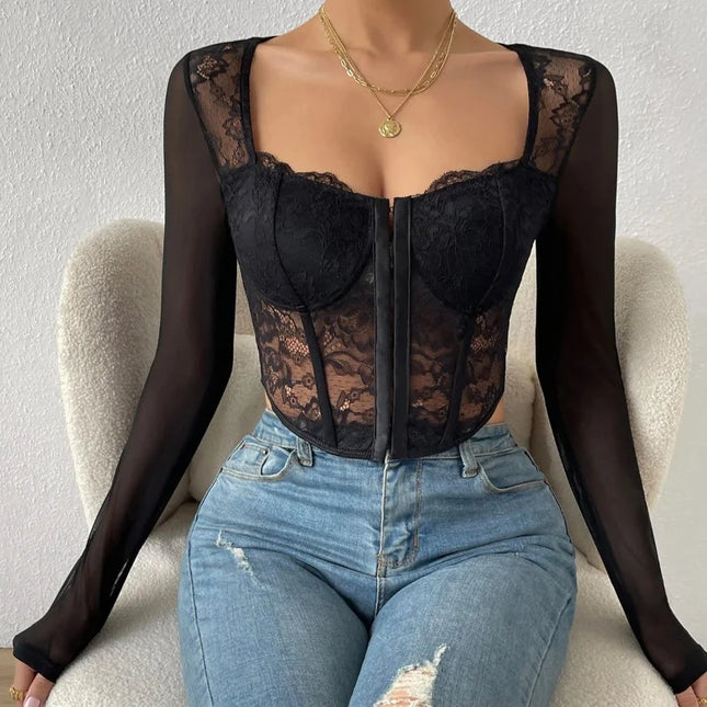 Women Blouse Black Embroidery Floral Crop Top