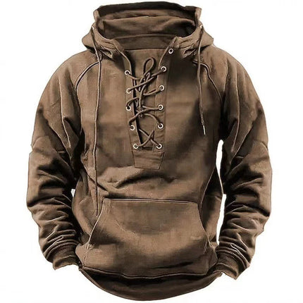 Men Solid Medieval Lace-Up Long Hoodies