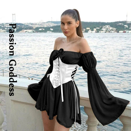 Women Summer 2pc Chiffon Off Shoulder Dress