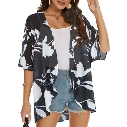 Women Blue Floral Loose Swimwear Coverup Kimono